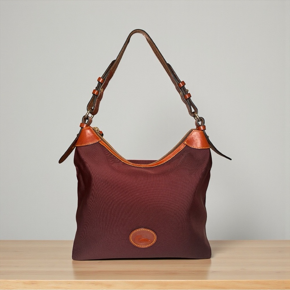 Dooney & Bourke Vintage Burgundy Nylon Leather Trim Zip Top Hobo Shoulder Bag